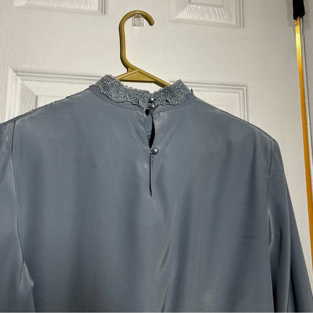 Victorian Style Sz 12Prairie Blouse Gray Lace Yoke High Neck Long Sleeve - Picture 15 of 15